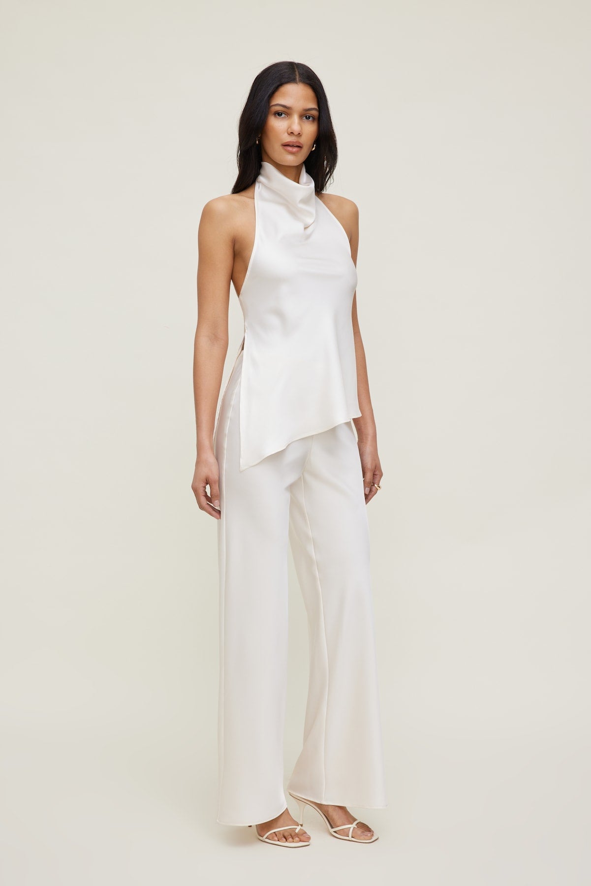 Asymmetric Satin Halter Blouse Beige - Dynamite