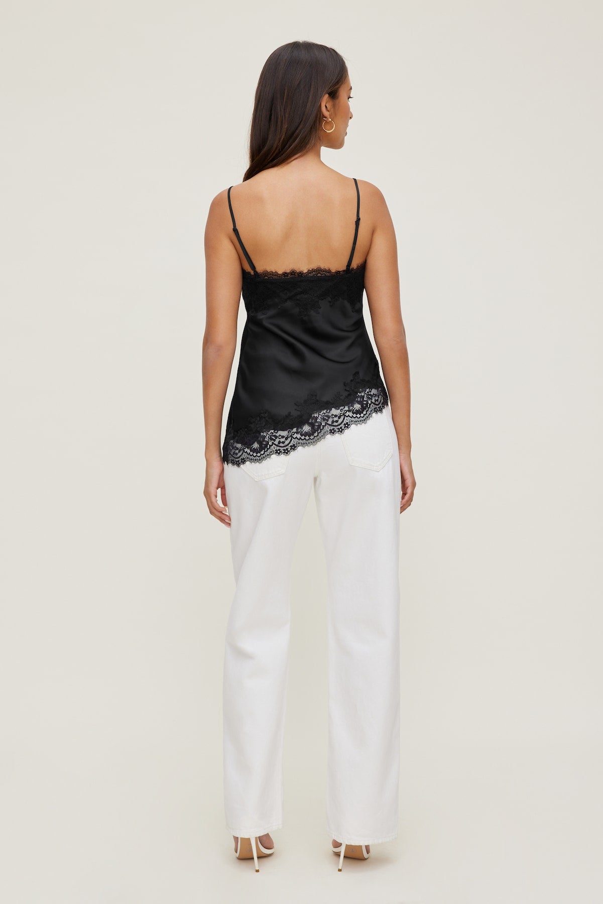 Cassie Asymmetric Lace Satin Cami Black - Dynamite