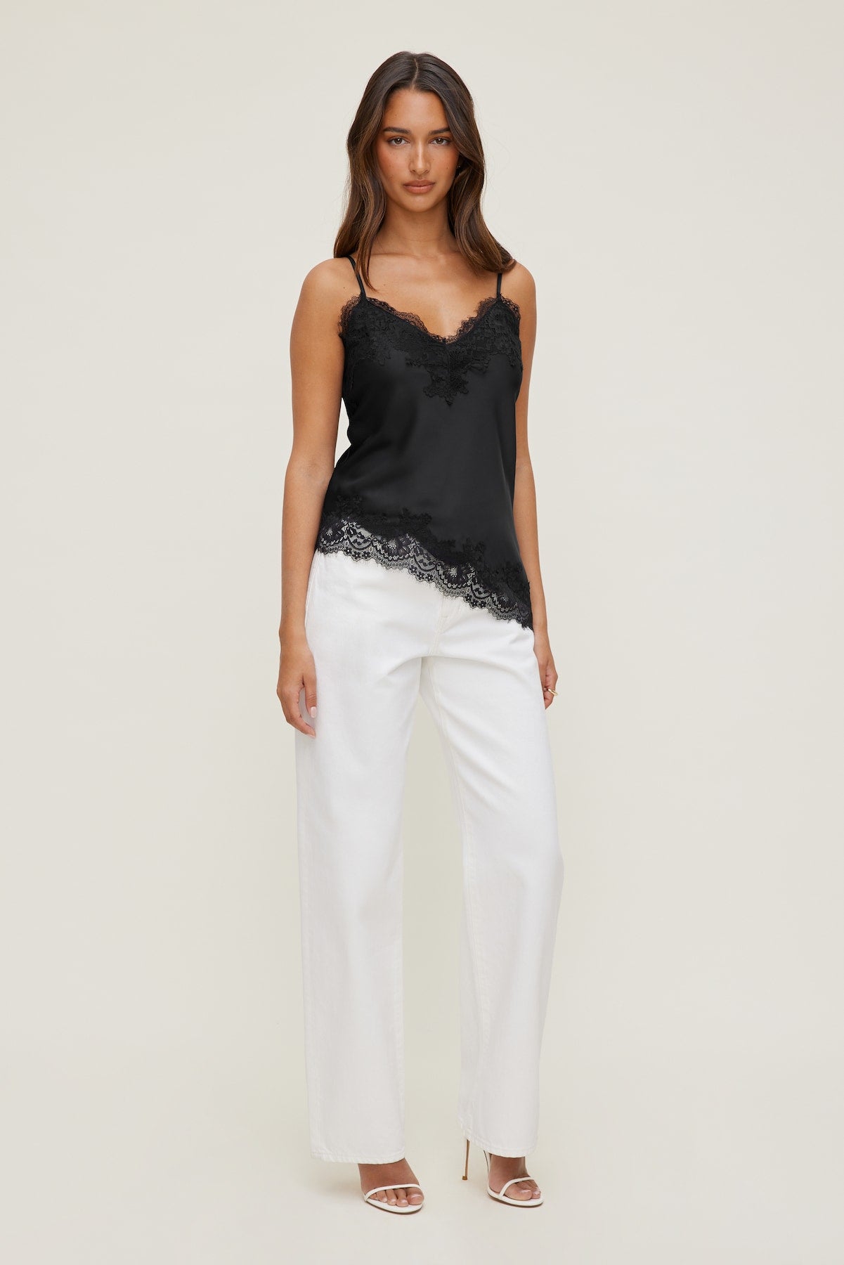 Cassie Asymmetric Lace Satin Cami Black - Dynamite