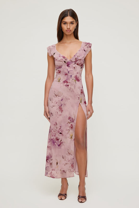 Floral Ruffle V Neck Maxi Dress Pink - Dynamite