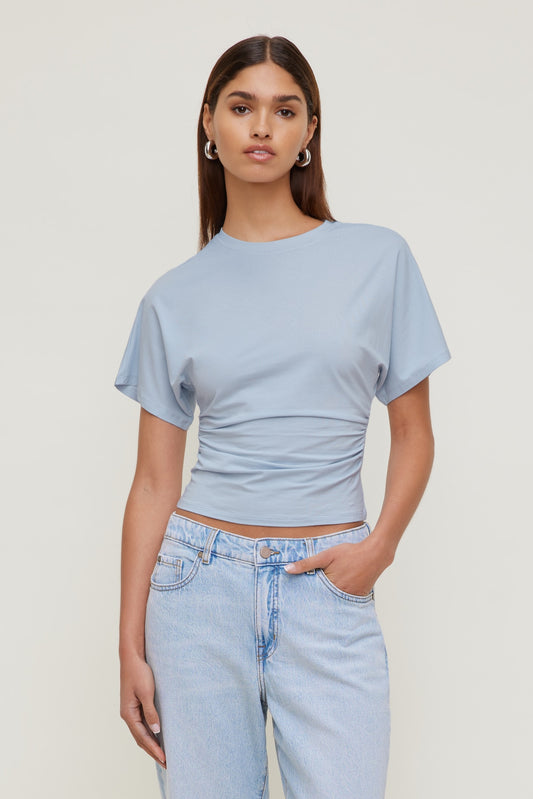 Andrea Shirred Jersey T Shirt Blue - Dynamite