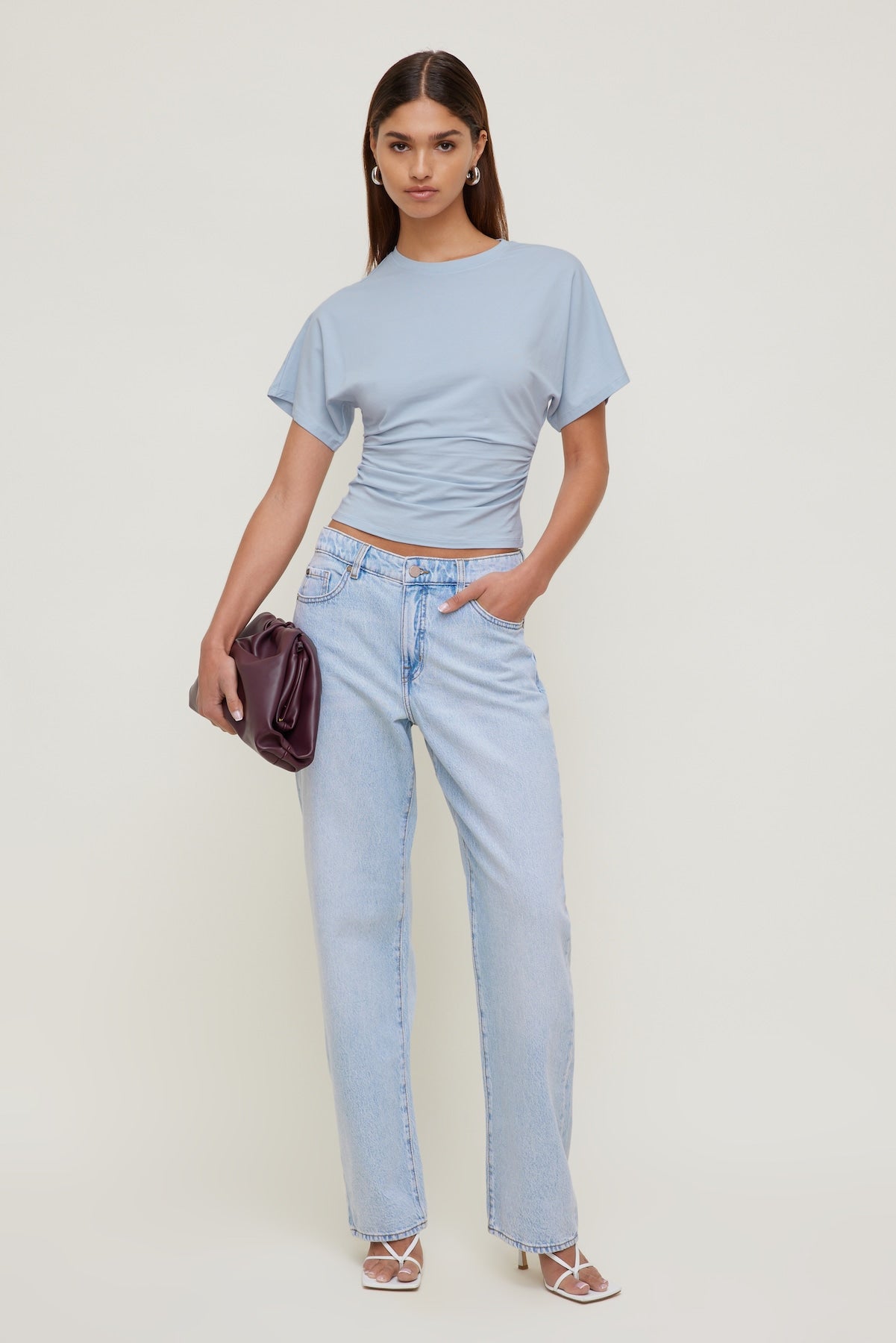 Andrea Shirred Jersey T Shirt Blue - Dynamite