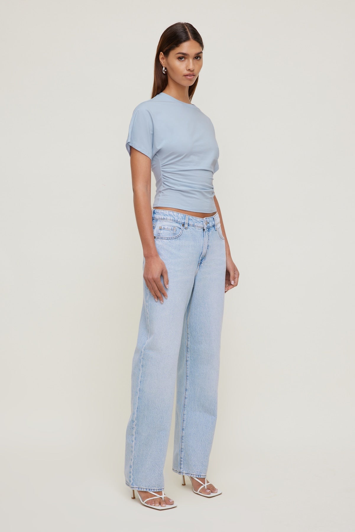 Andrea Shirred Jersey T Shirt Blue - Dynamite