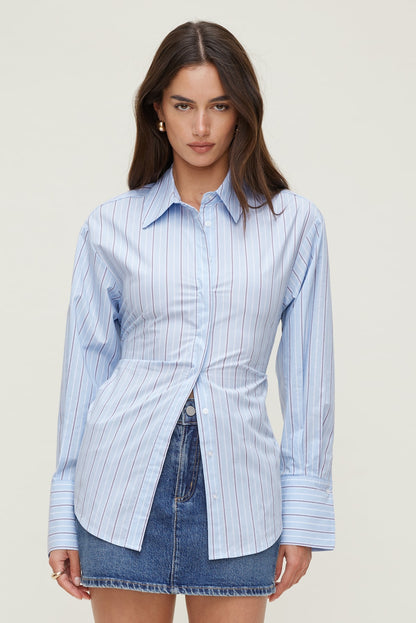 Poplin Cinch Back Shirt Blue - Dynamite