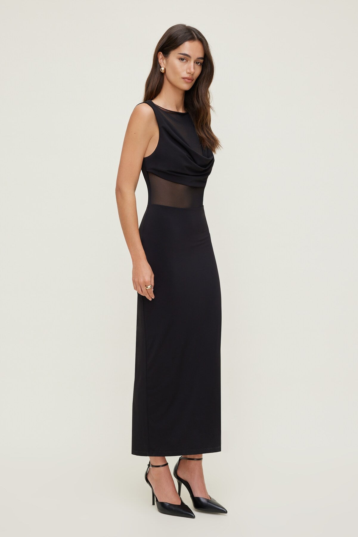 Sculpt Sheer Cowl Neck Maxi Dress Black - Dynamite