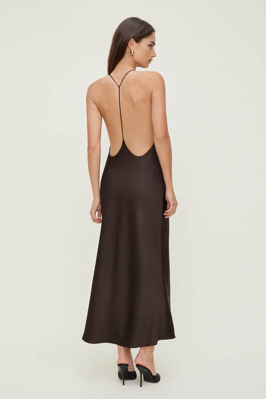 Open Back Satin Slip Dress Brown - Dynamite