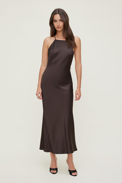 Open Back Satin Slip Dress Brown - Dynamite
