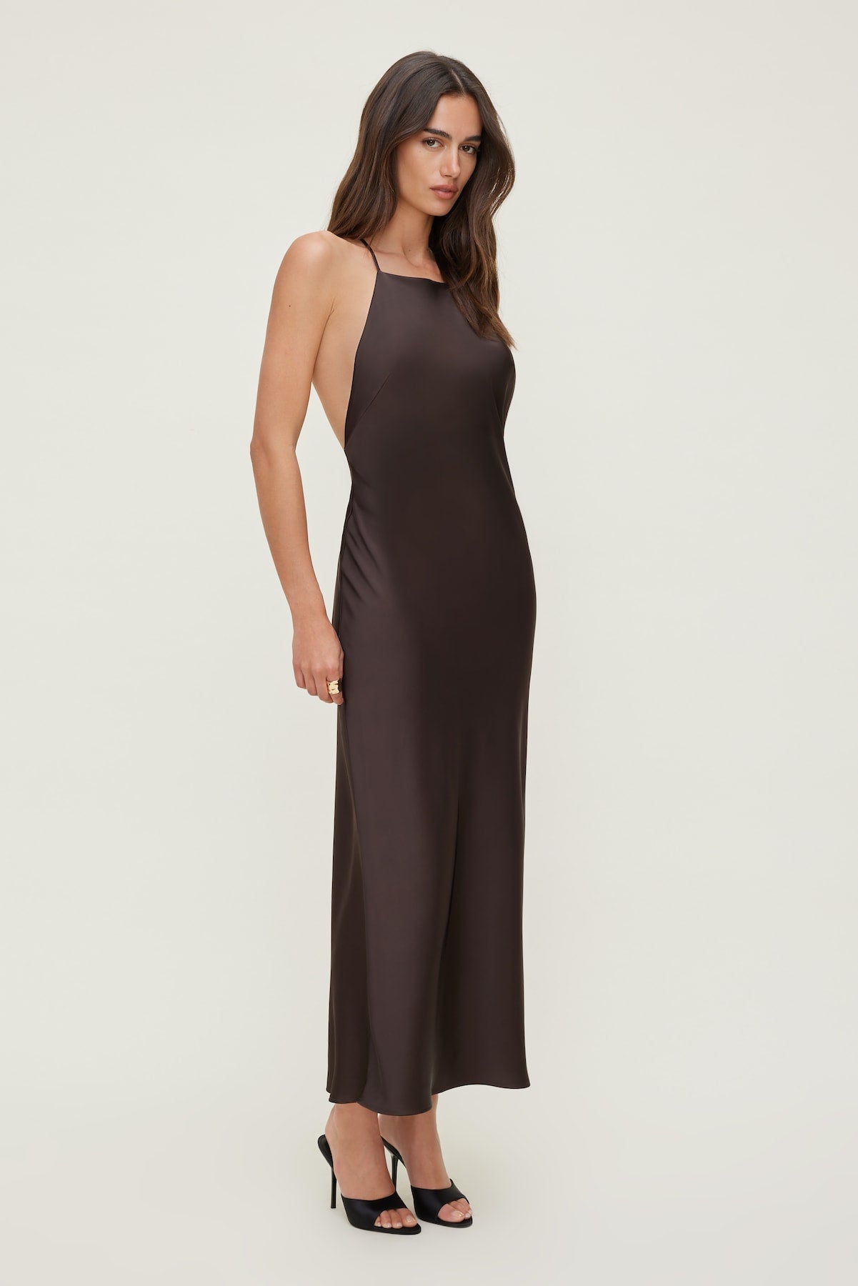 Open Back Satin Slip Dress Brown - Dynamite