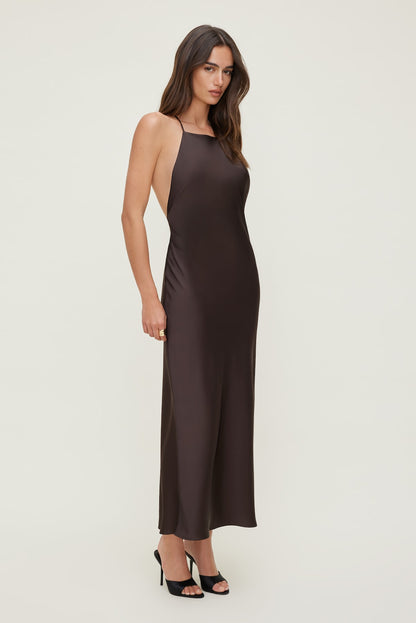 Open Back Satin Slip Dress Brown - Dynamite