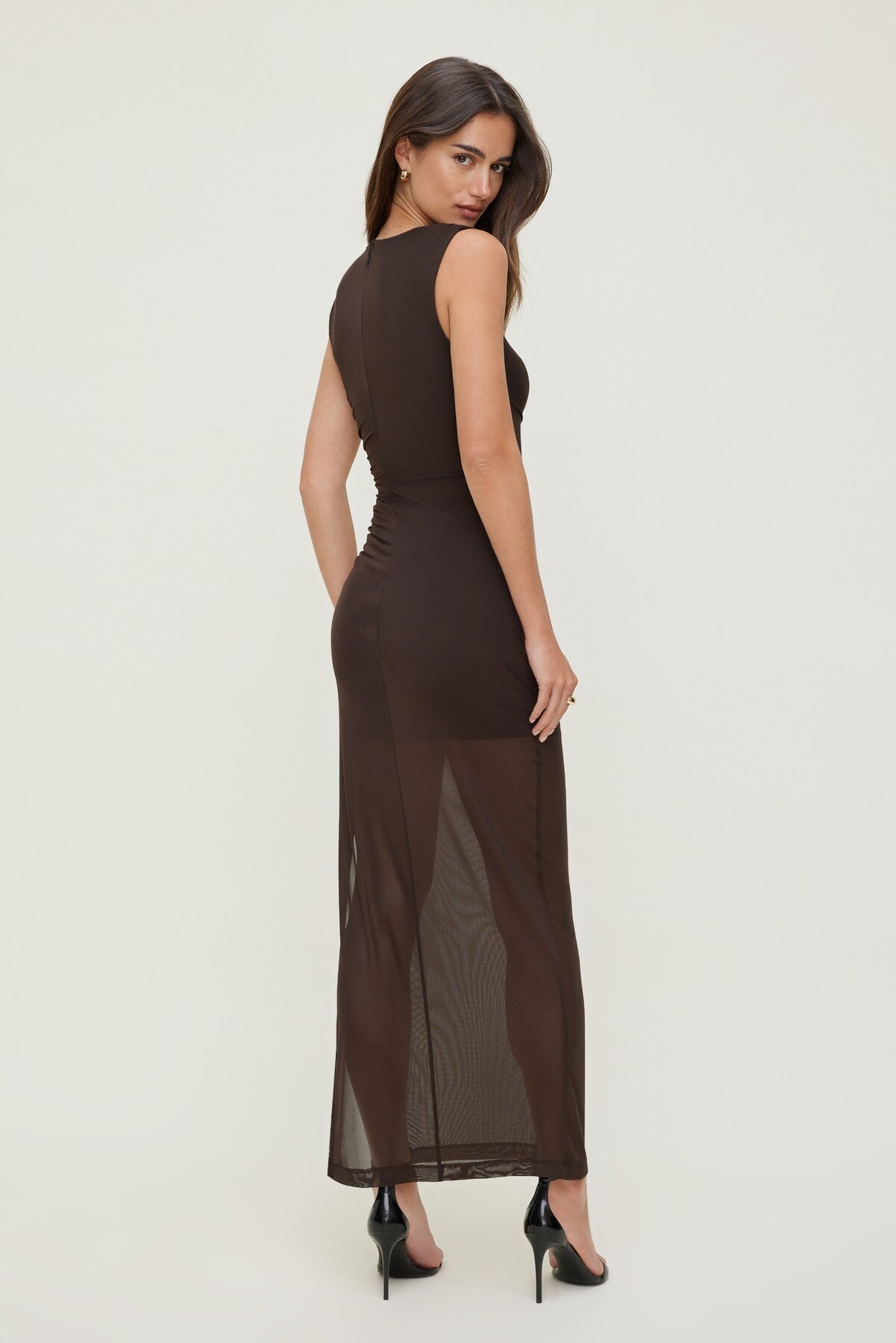 Sheer Shirred Mesh Maxi Dress Brown - Dynamite