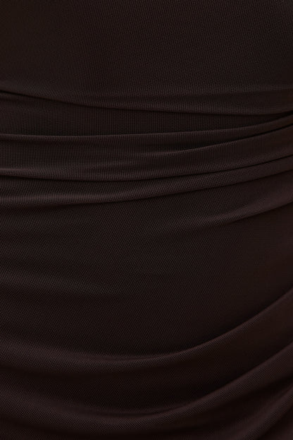 Sheer Shirred Mesh Maxi Dress Brown - Dynamite