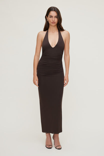 Reia Halter Mesh Maxi Dress Brown - Dynamite