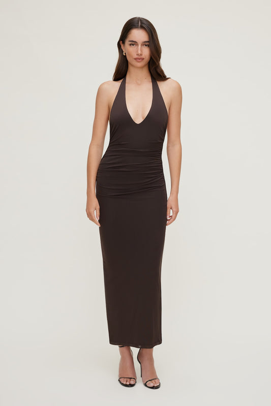 Reia Halter Mesh Maxi Dress Brown - Dynamite