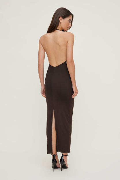 Reia Halter Mesh Maxi Dress Brown - Dynamite