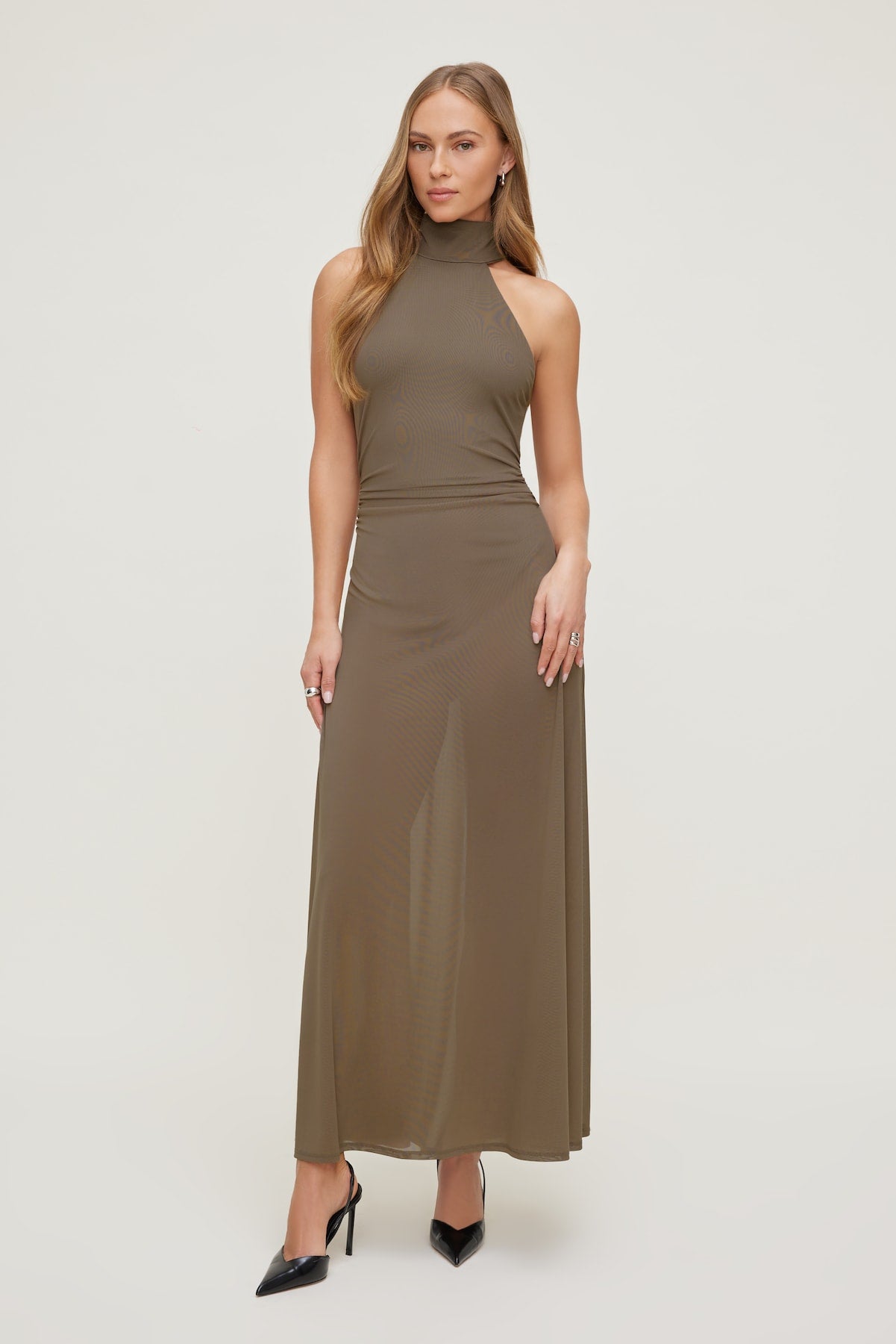 Sheer Mesh Halter Maxi Dress Brown - Dynamite