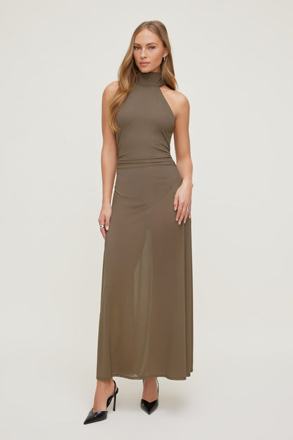 Sheer Mesh Halter Maxi Dress Brown - Dynamite