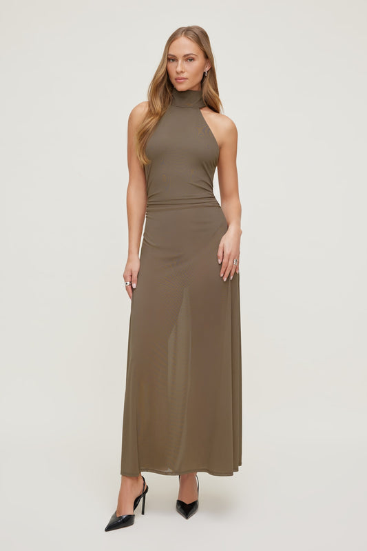 Sheer Mesh Halter Maxi Dress Brown - Dynamite