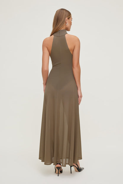 Sheer Mesh Halter Maxi Dress Brown - Dynamite