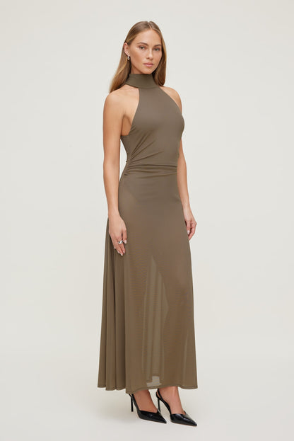 Sheer Mesh Halter Maxi Dress Brown - Dynamite