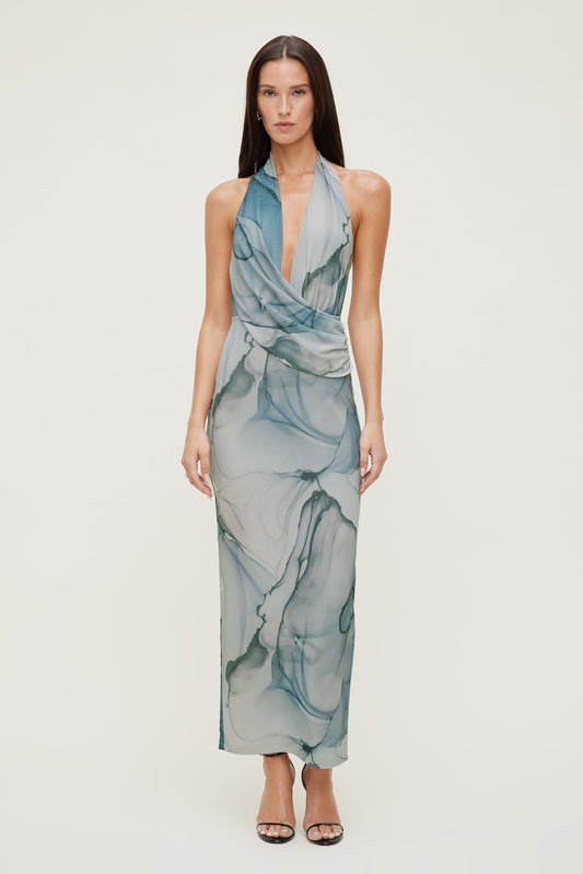 Plunge Mesh Maxi Dress Blue - Dynamite