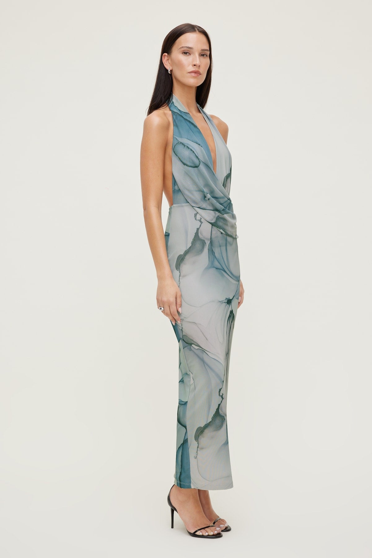 Plunge Mesh Maxi Dress Blue - Dynamite
