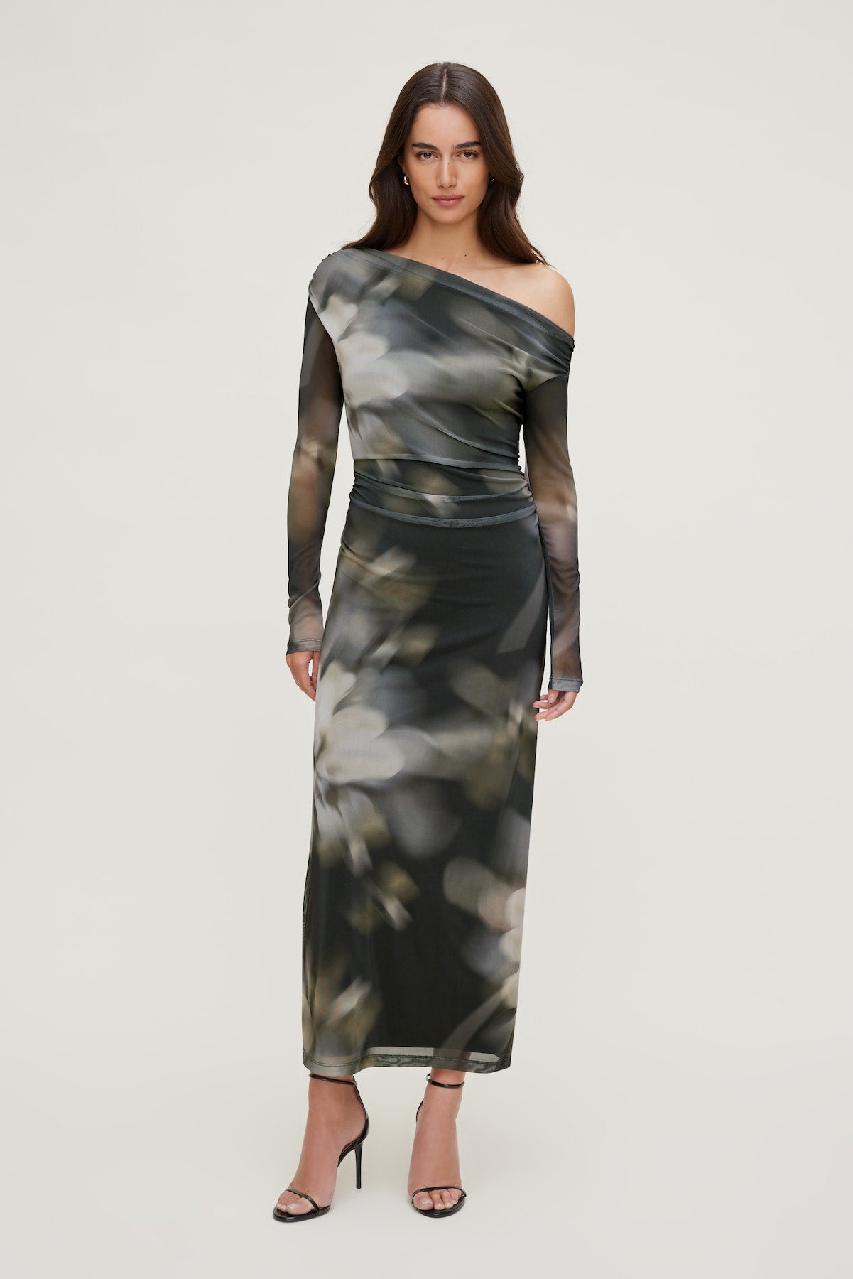 Off Shoulder Mesh Maxi Dress Brown - Dynamite