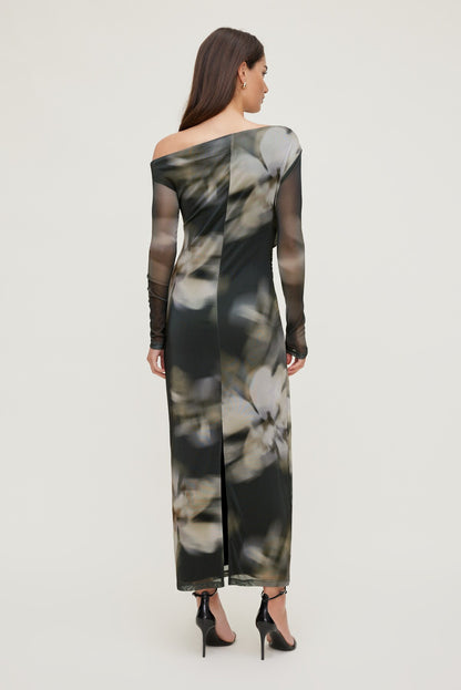 Off Shoulder Mesh Maxi Dress Brown - Dynamite