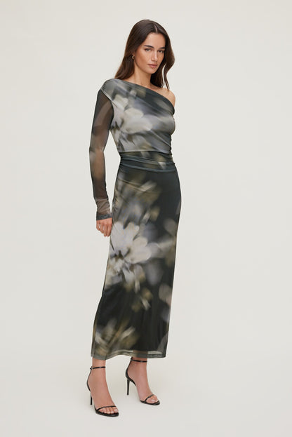 Off Shoulder Mesh Maxi Dress Brown - Dynamite