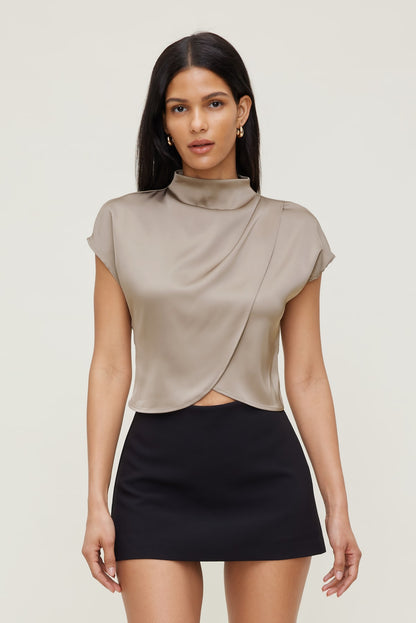 Ella Layered Satin Blouse Beige - Dynamite
