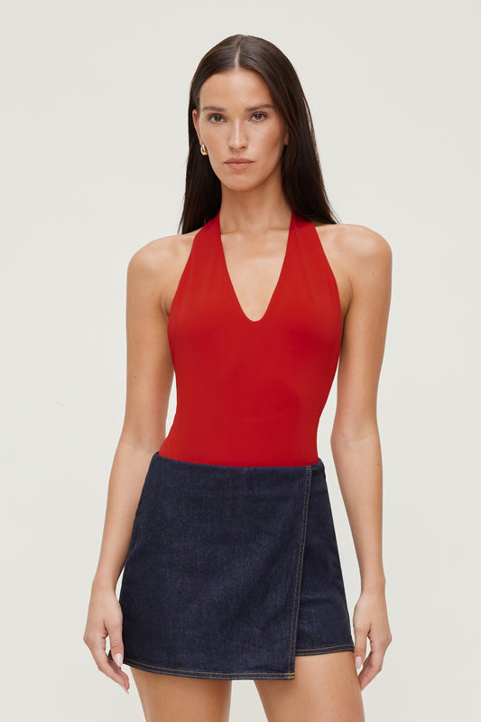 Sculpt Plunge Halter Bodysuit Red - Dynamite