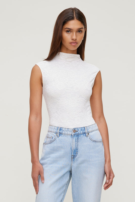 Mock Neck Lace Bodysuit Beige - Dynamite