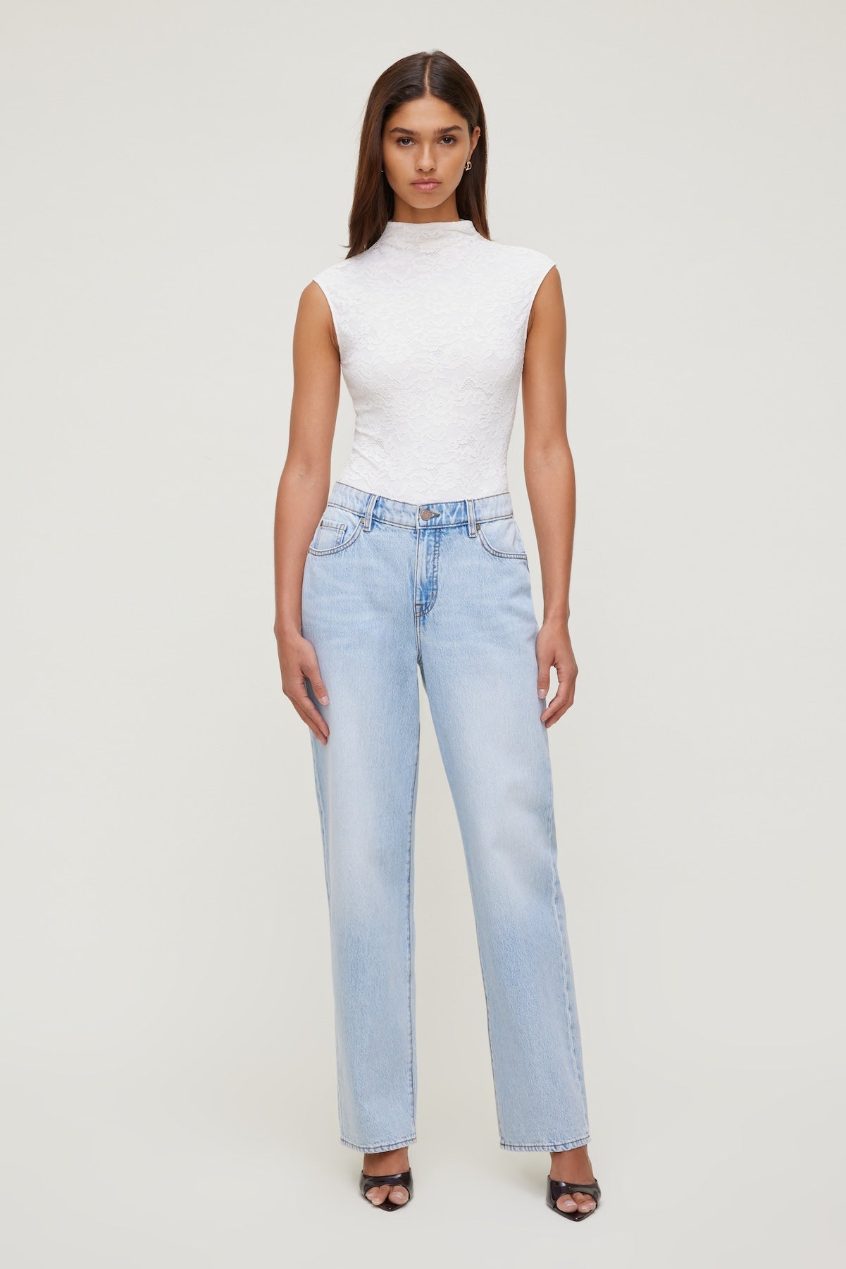 Mock Neck Lace Bodysuit Beige - Dynamite