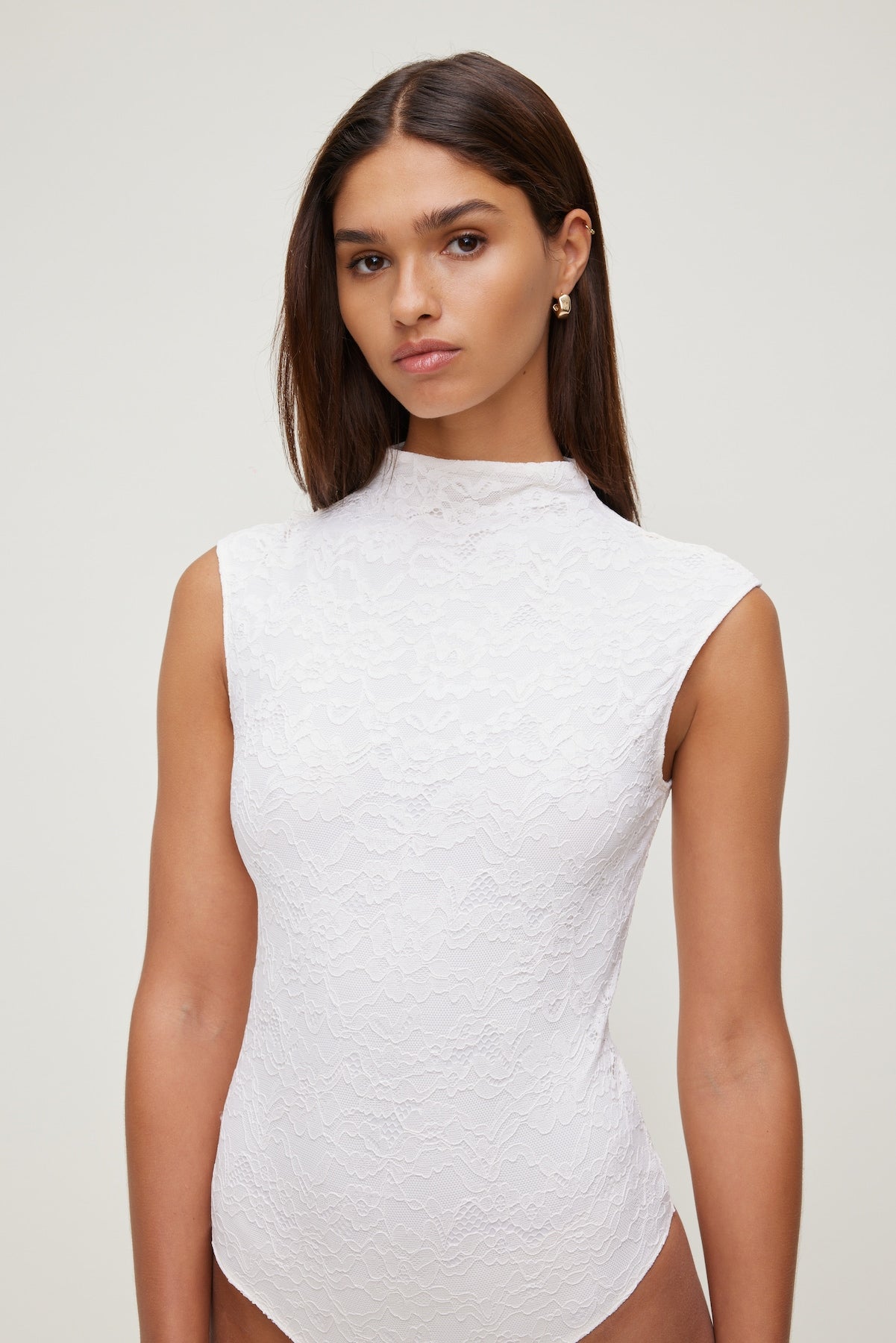 Mock Neck Lace Bodysuit Beige - Dynamite