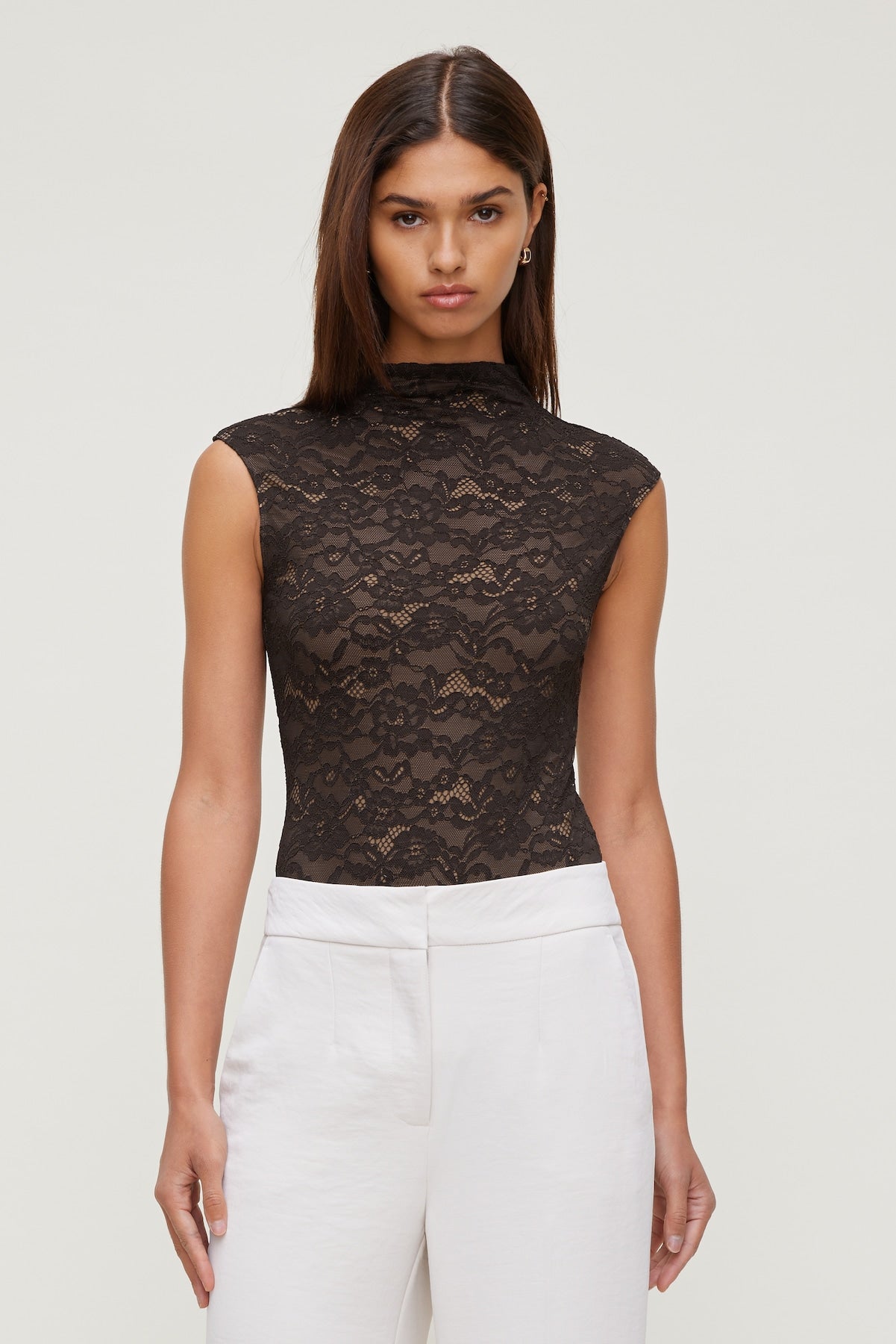 Mock Neck Lace Bodysuit Brown - Dynamite