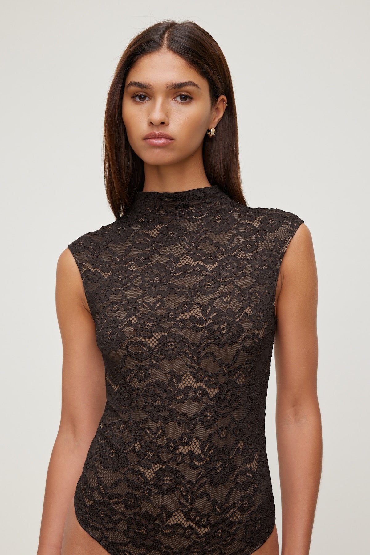 Mock Neck Lace Bodysuit Brown - Dynamite
