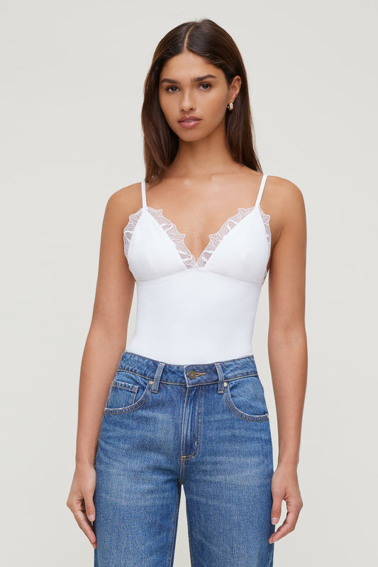 Lace Trim Bodysuit White - Dynamite