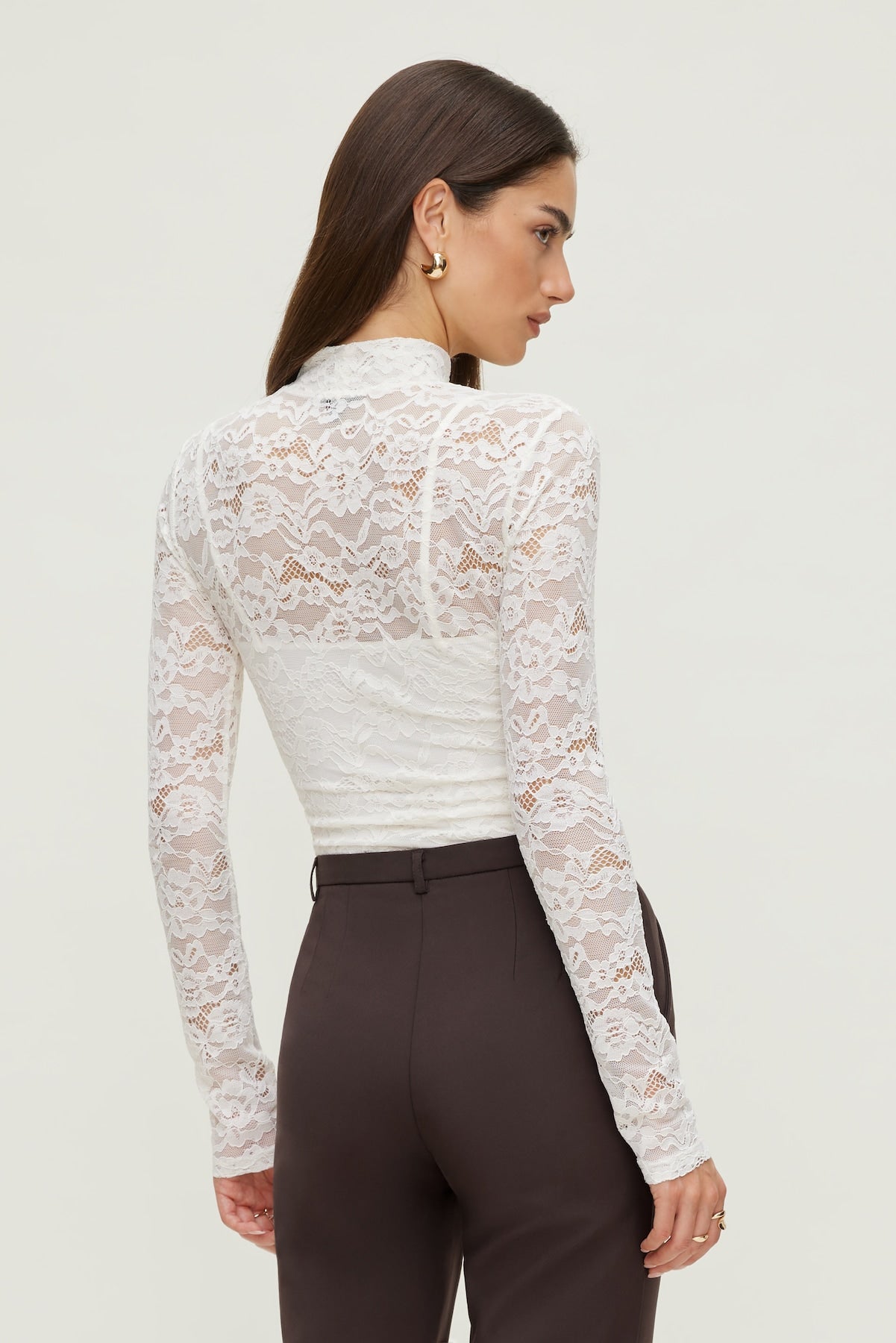 Mock Neck Lace Bodysuit Beige - Dynamite