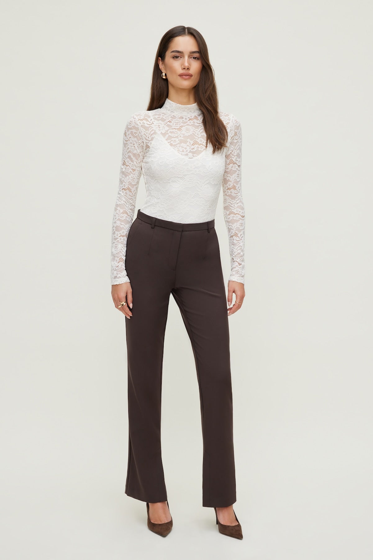 Mock Neck Lace Bodysuit Beige - Dynamite