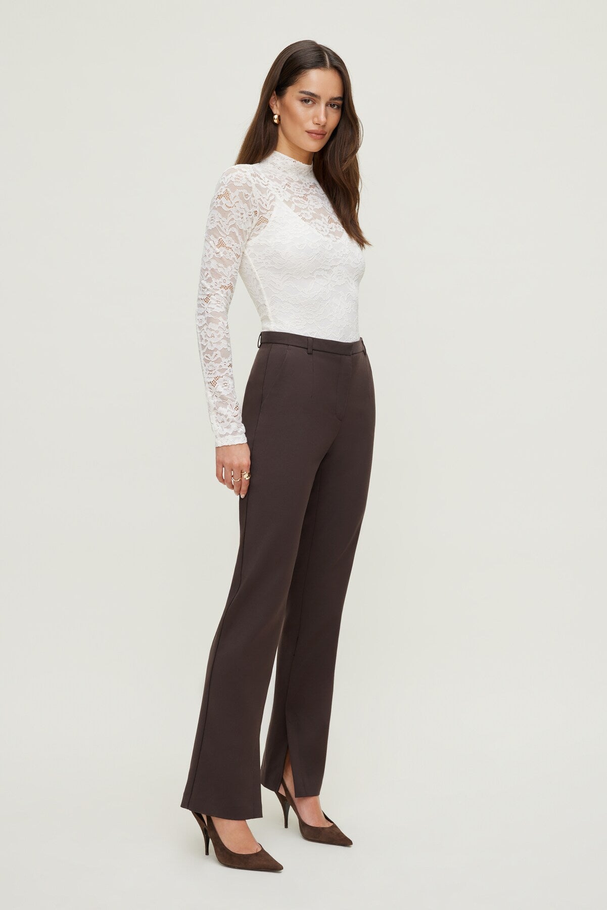 Mock Neck Lace Bodysuit Beige - Dynamite