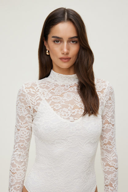 Mock Neck Lace Bodysuit Beige - Dynamite