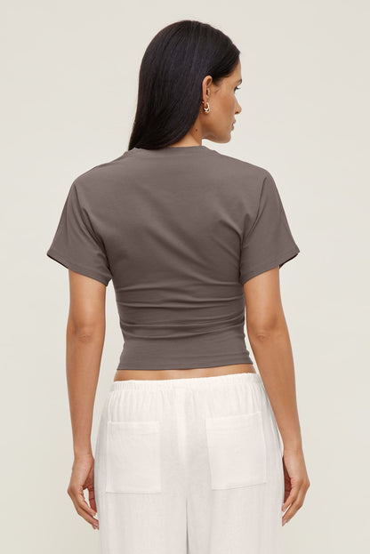 Andrea Shirred Jersey T Shirt Brown - Dynamite