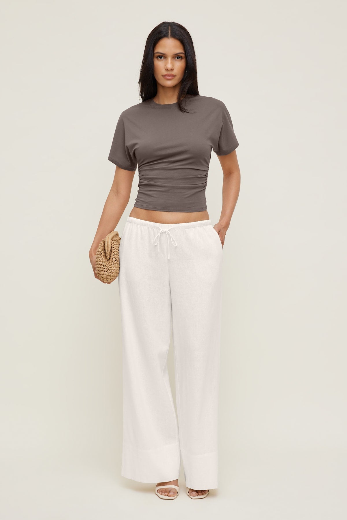 Andrea Shirred Jersey T Shirt Brown - Dynamite