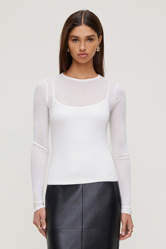 Sheer Layered Cami and Long Sleeve T Shirt Beige - Dynamite