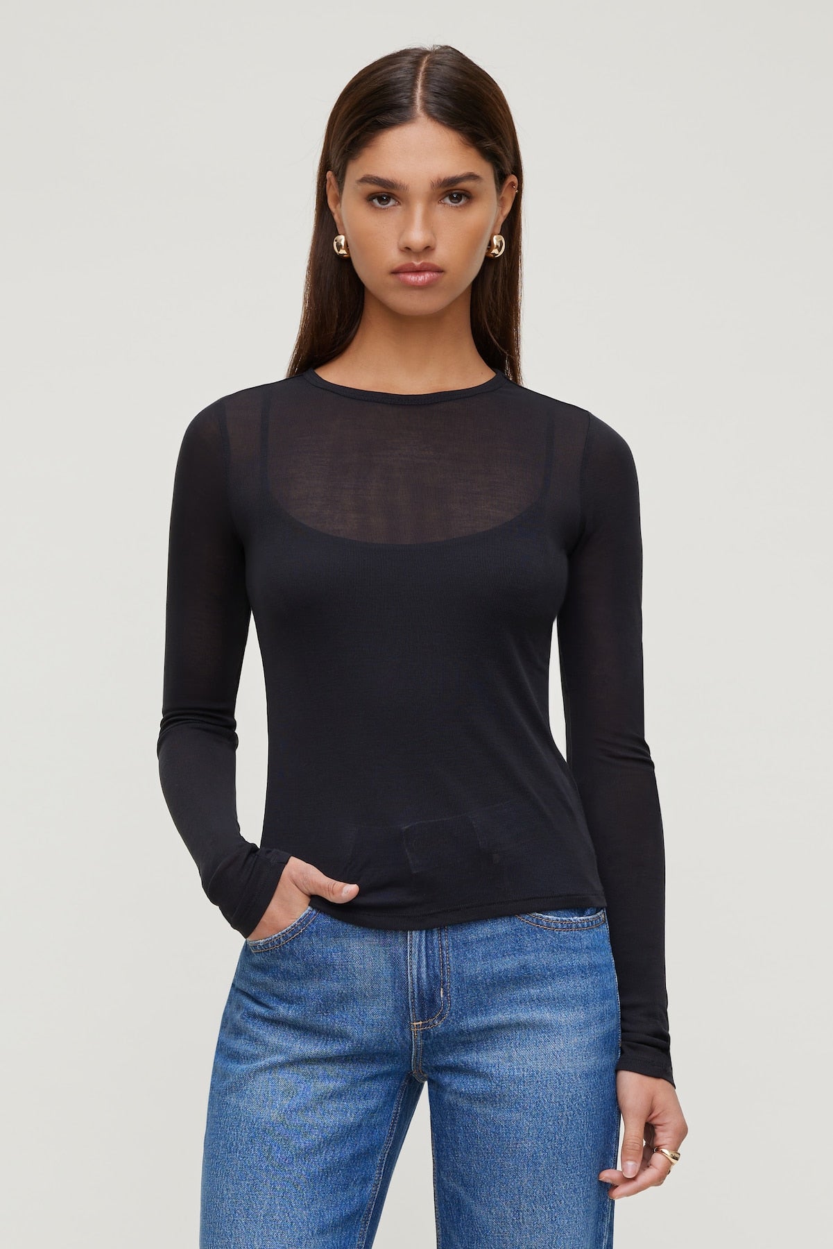 Sheer Layered Cami and Long Sleeve T Shirt Black - Dynamite