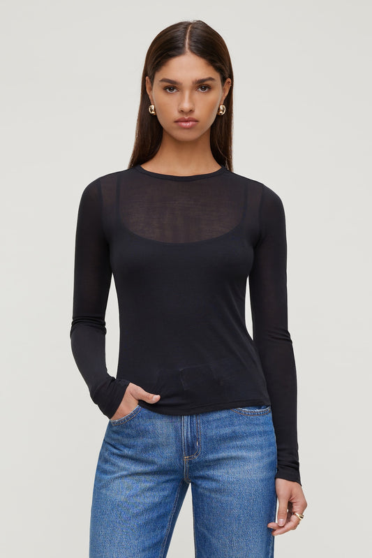 Sheer Layered Cami and Long Sleeve T Shirt Black - Dynamite