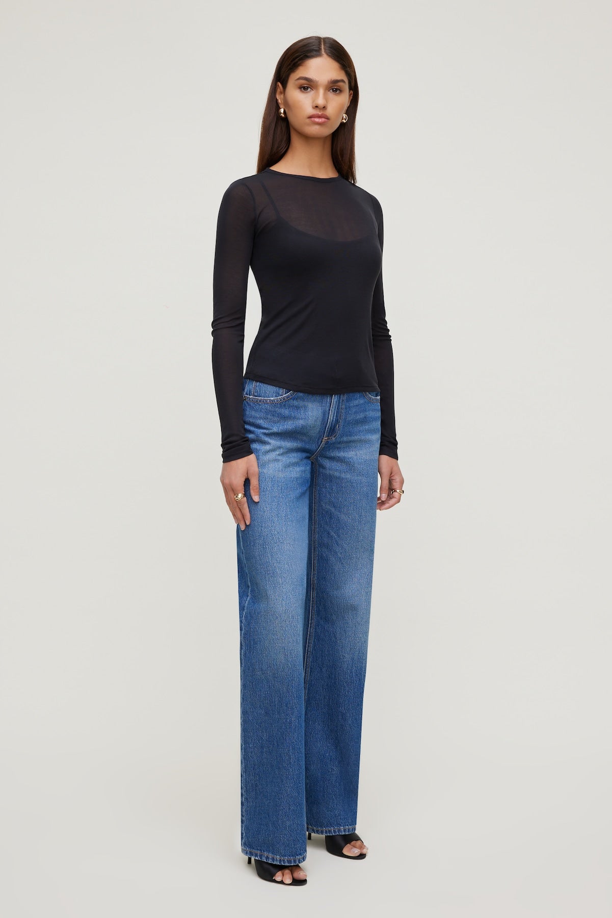 Sheer Layered Cami and Long Sleeve T Shirt Black - Dynamite