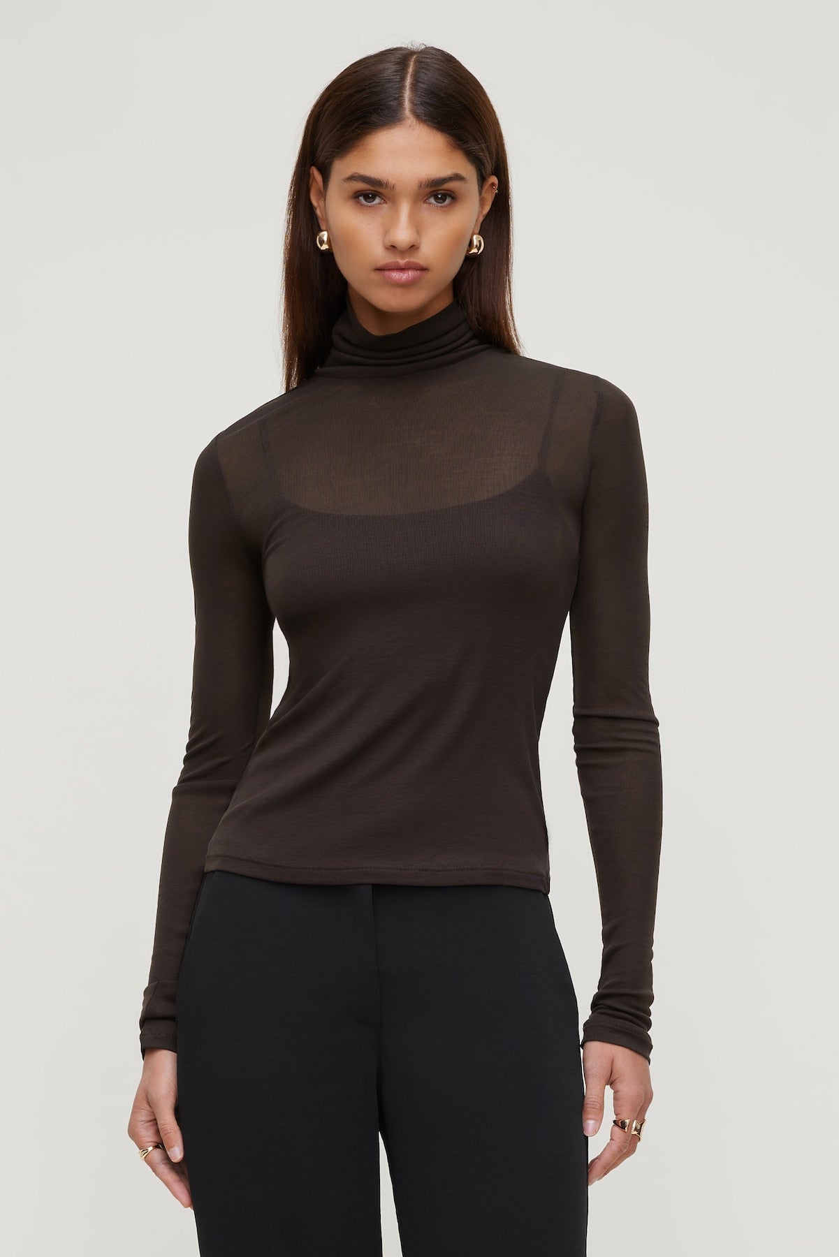 Sheer Layered Cami and Turtleneck Brown - Dynamite