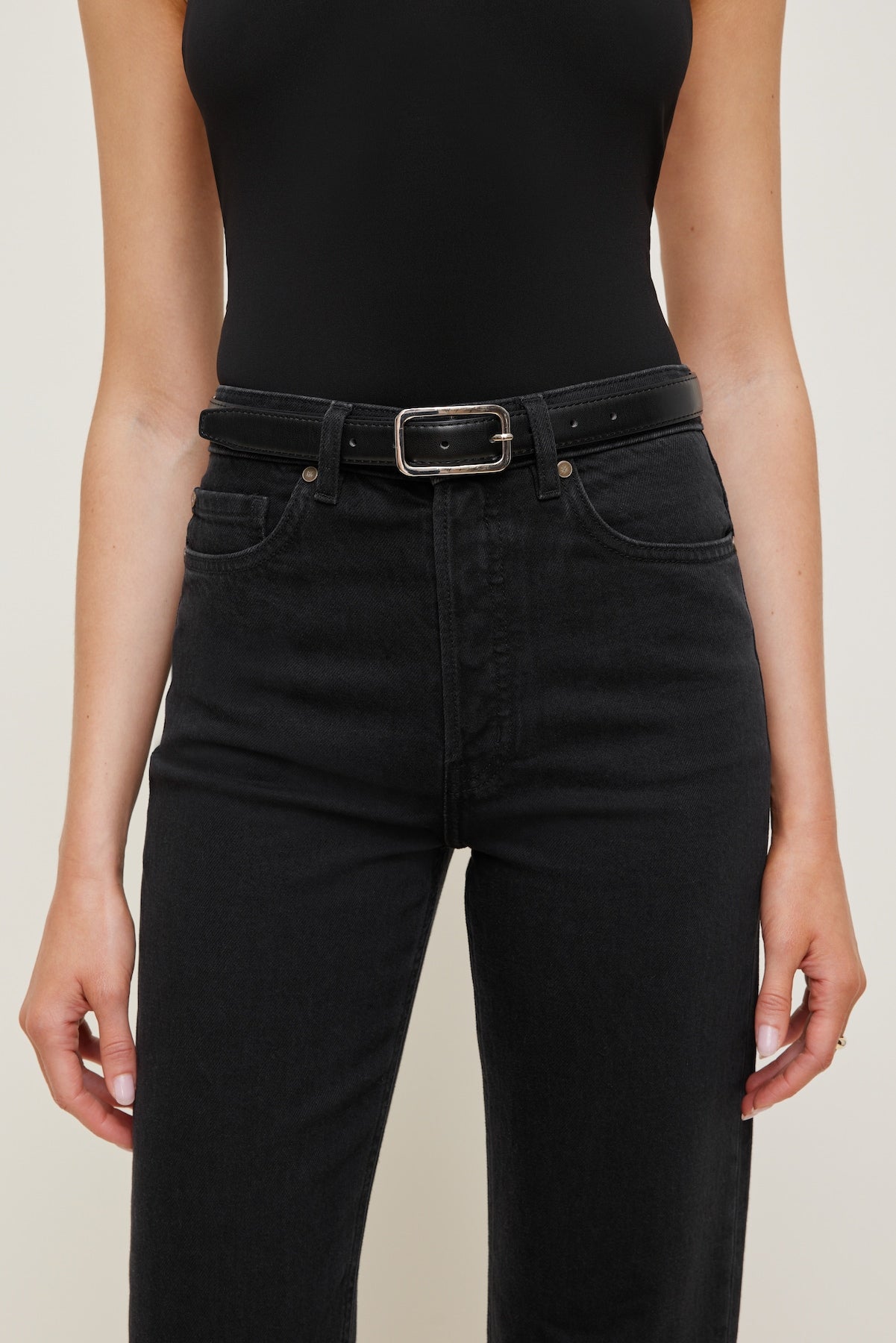 Rounded Rectangle Slim Faux Leather Belt Black - Dynamite