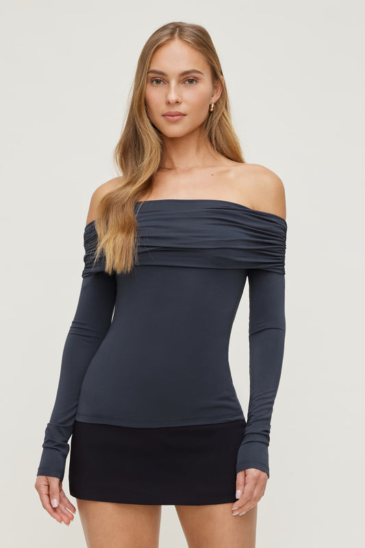 Off Shoulder Long Sleeve Top Blue - Dynamite