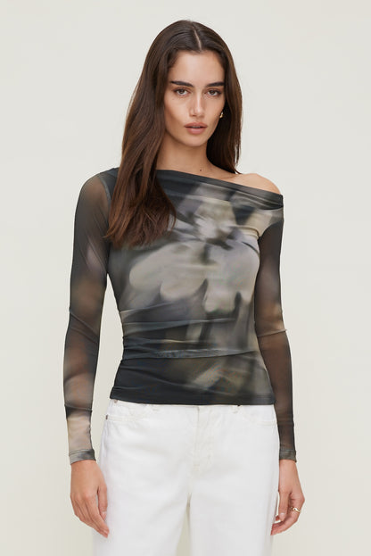 Cleo Printed Mesh Long Sleeve Top Brown - Dynamite